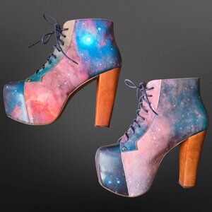 Jeffrey Campbell Lita Galaxy Platform Ankle Boots Size 7.5 Cosmic Print Leather